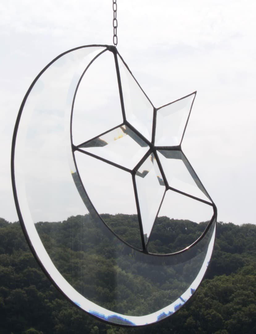 mosaik verglasung/ステンドグラス/三日月&星型/ドイツ製 ステンドグラス (SH-D45) 200×200×18mm 月 デザイン ピュアグラス D