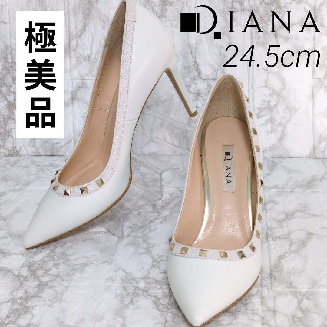 DIANA　パンプス　スタッズ　ホワイト　ハイヒール　ピンヒール　レザー　本革 ダイアナ DIANA ストラップ付きパンプス （白エナメル） -ファッション