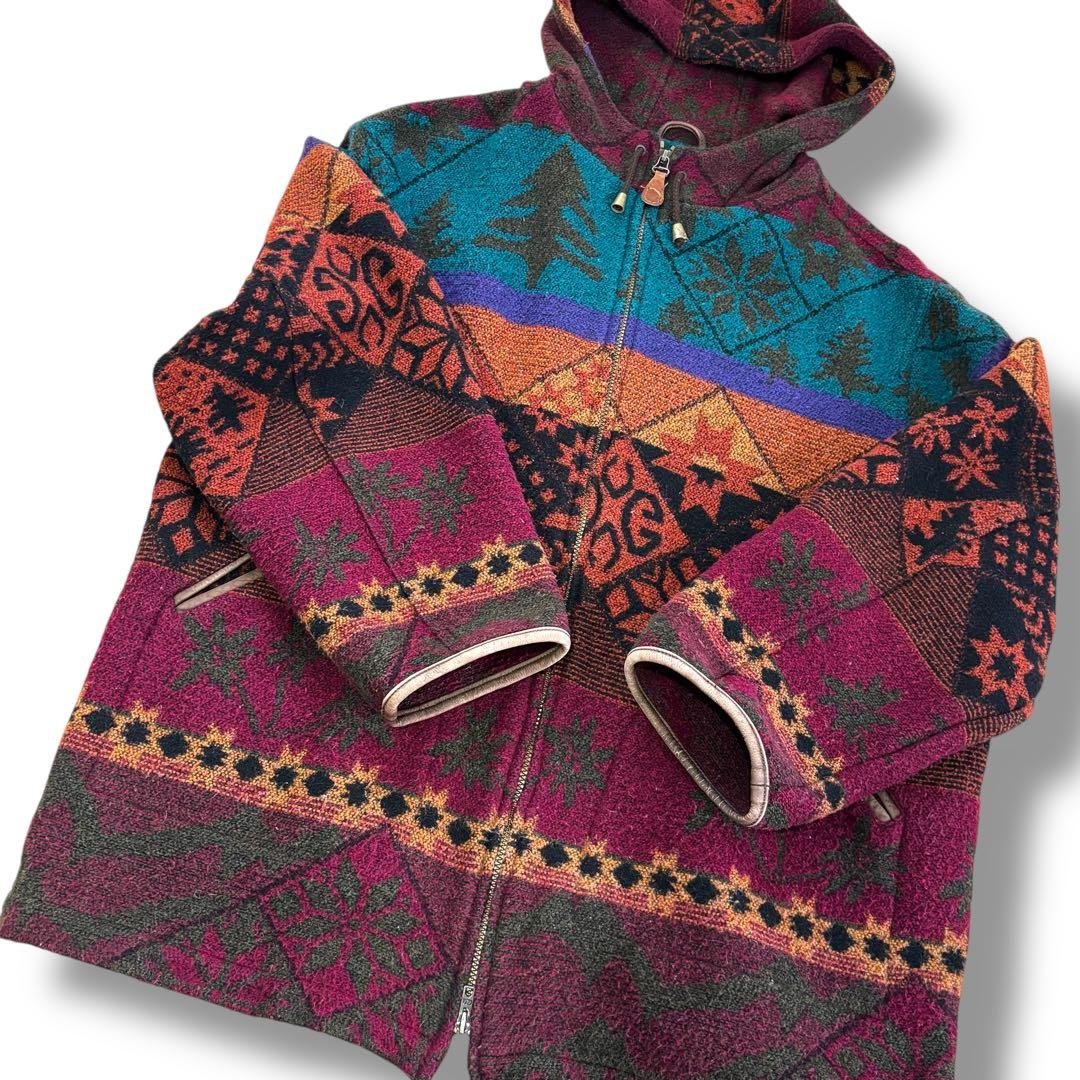 【名作】90s L.L.Bean ネイティブ柄 ウールジャケット フード付 L