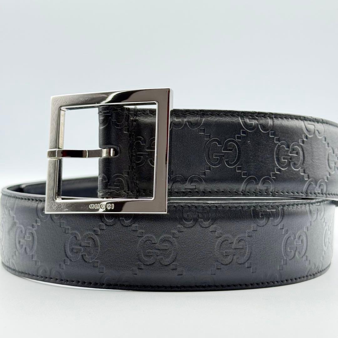 ✨美品✨GUCCI ベルト スクエアバックル シマ GG柄 シルバー金具 レザー グッチ GUCCI ベルト リバーシブル 回転バックル スクエアバックル GG